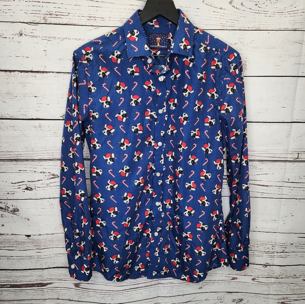 Simon Banks Santa French Bulldog Button Down Christmas Holiday Shirt‎
